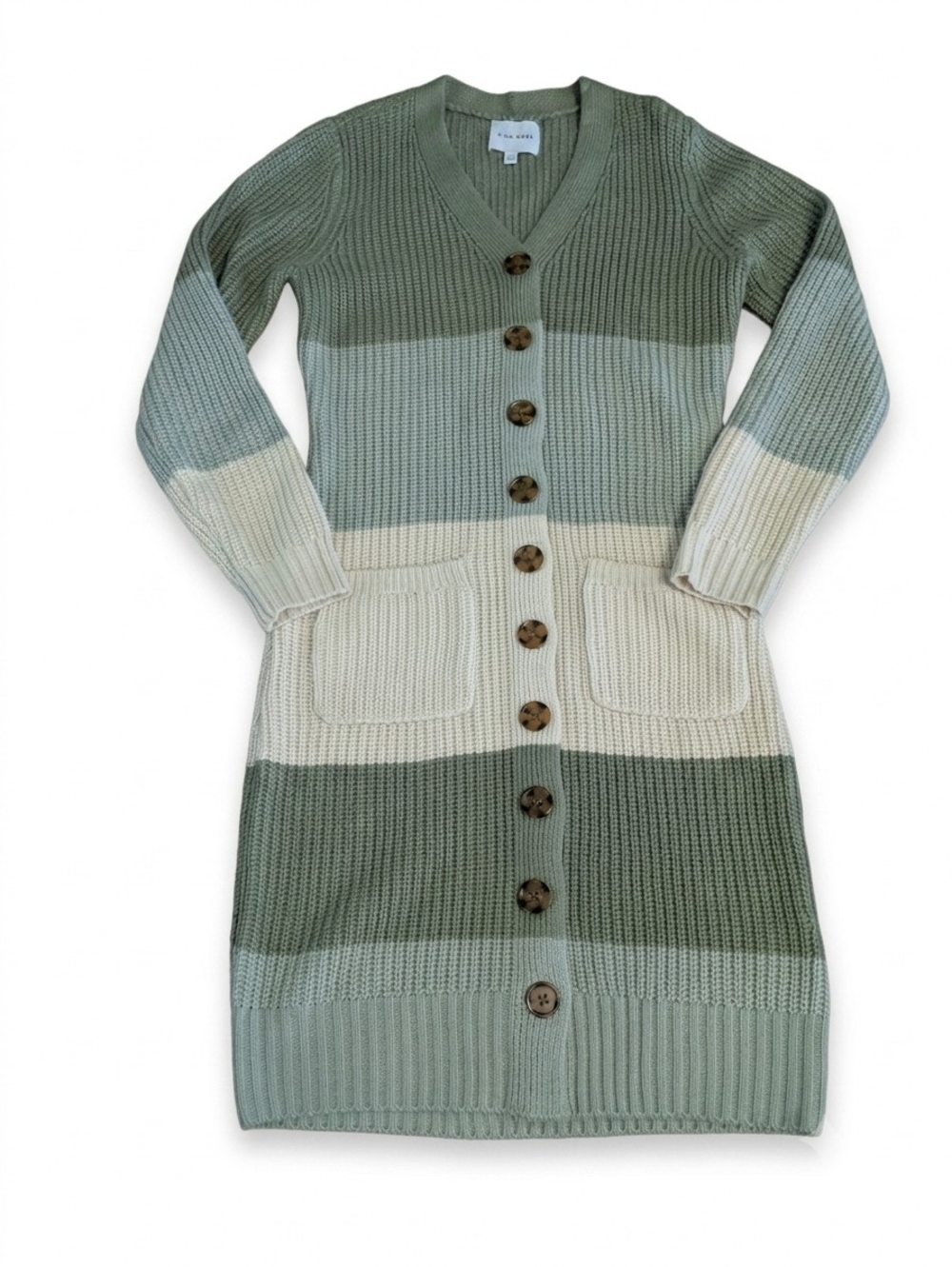 Pink Rose Womens XL Green Striped Chunky Knit Button Front Sweater Dress Pockets